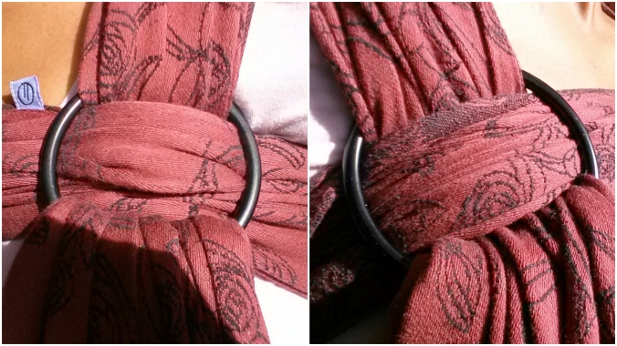 Two images side by side show a medium ring finish and large ring finish on the same wrap. The medium ring fits snugly but the wrap is puckered and tight in the ring. The large ring shows a more even distribution and relaxed fit of the wrap in the ring